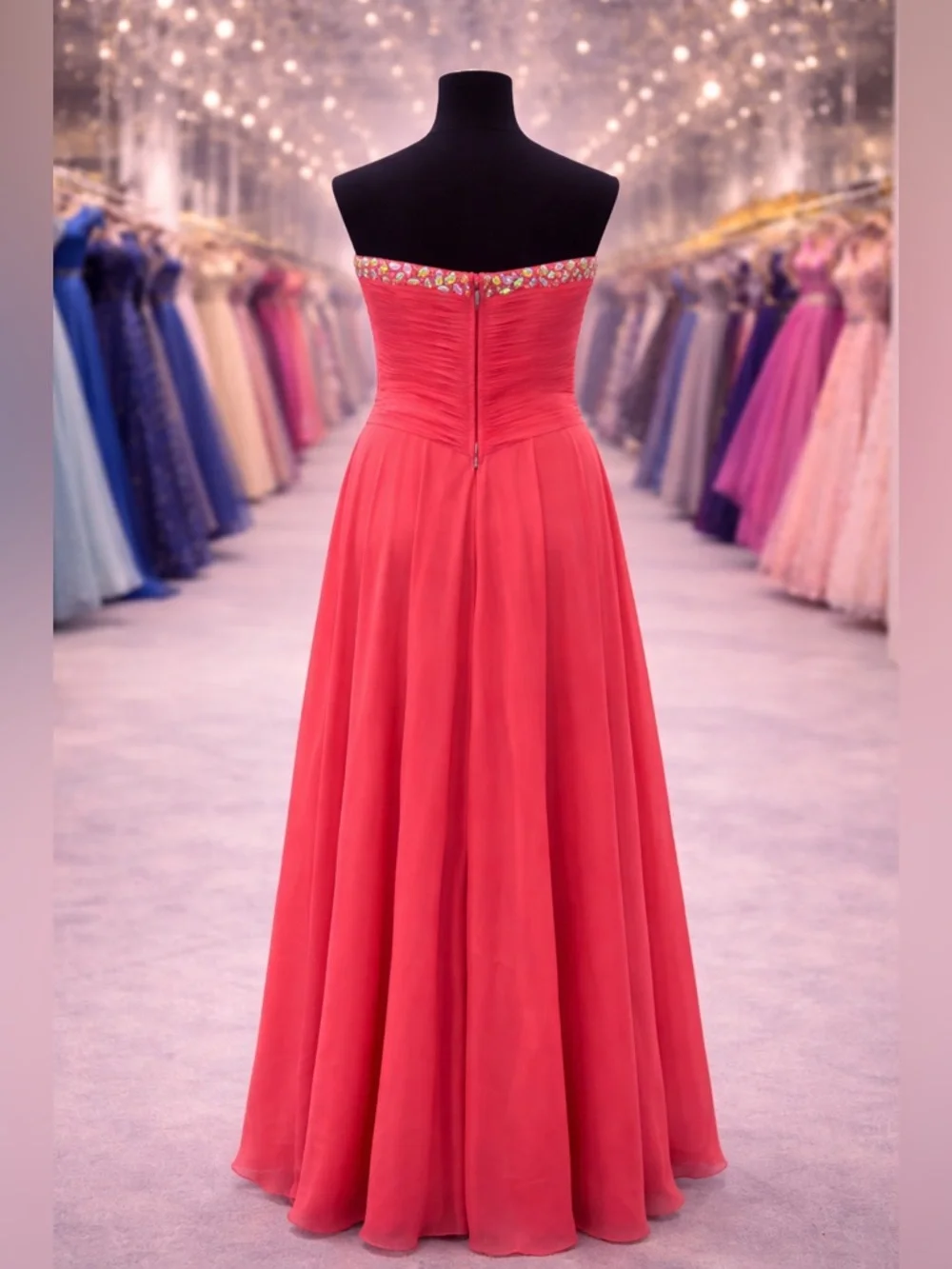 Strapless Coral Evening Gown with Embellished Sweetheart Bodice - Picture 2 of 8